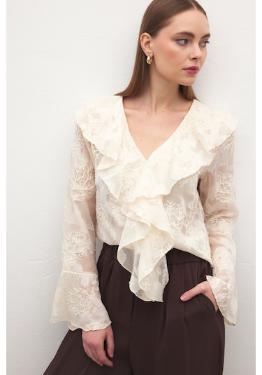 Sateen Fırfır Detaylı Nakışlı Gömlek - Bej-137182 bej