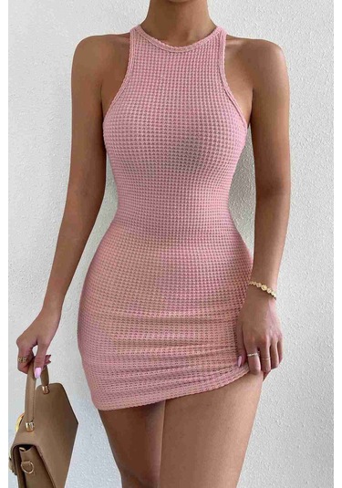 Merry See Vücuda Oturan Diz Üstü Mini Örme Elbise Pembe 001
