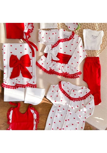 Dantel Yaka 10 Parça Kız Bebek Hastane Çıkışı Kutulu Kırmızı