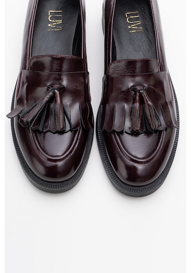 Milina Bordo Rugan Püsküllü Hakiki Deri Kadın Loafer Ayakkabı Bordo Rugan