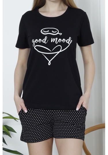 Kadın Şortlu Pijama Takımı Kısa Kollu Pamuklu Cepli Likralı Siyah Nıc1048 R19 Siyah