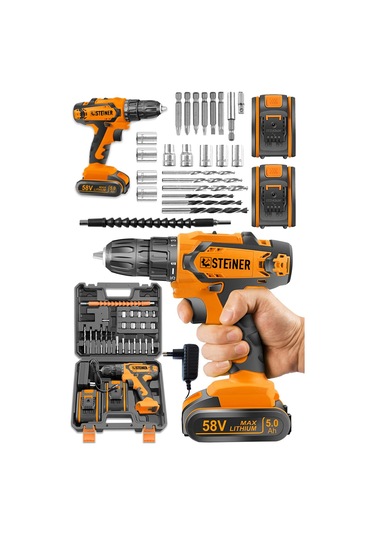 Steiner Kupfer Darbeli 58 V 5 Ah Çift Akülü Vidalama Matkap Turuncu + 24 Parça Set