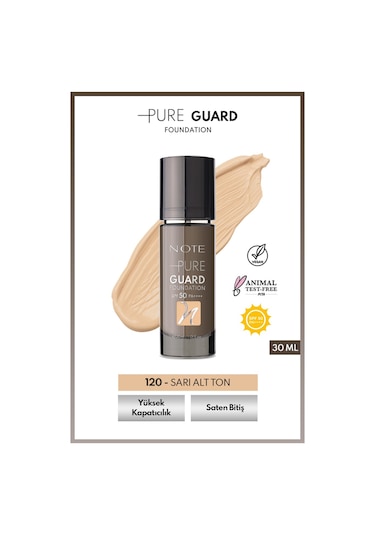 Note Cosmetics Pure Guard Yoğun Kapatıcı Saten Bitişli Fondöten SPF50 120 Golden Beige