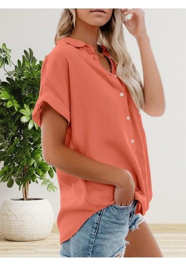 Kadın Kısa Kollu V Yakalı Önden Düğmeli Dokuma Gömlek Turuncu