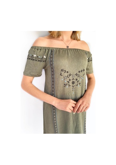 Kadın Bürümcük Desen Haki Elbise