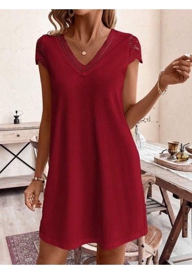 Kadın Kısa Kollu V Yakalı Viskon Elbise Bordo