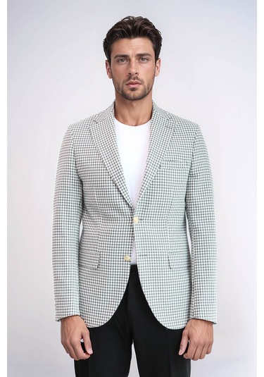 Açık Gri Kazayağı Desenli Gold Renk Metal Düğmeli Slim Fit Erkek Blazer Ceket - Wessi Grey