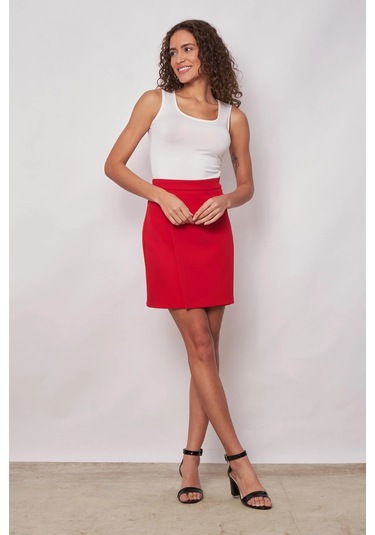 Kadın Hafif Likralı Kumaş Yüksek Bel Anvelop Kruvaze Hafif Mini Kalem Etek-kırmızı Kırmızı