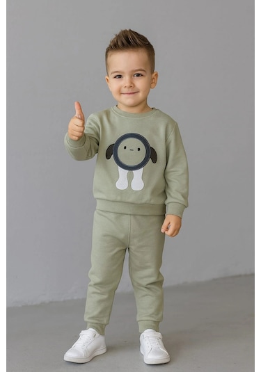 Erkek Çocuk Nakışlı İki Parça Eşofman Takımı %100 Pamuk Yeşil