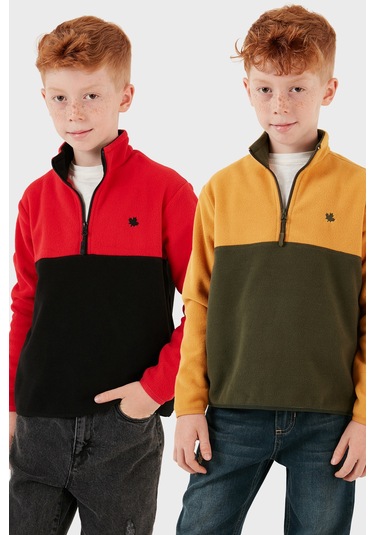 Lela Yumuşak Dokulu Yarım Fermuarlı Renk Bloklu Dik Yaka 2'Li Paket Çocuk Polar 5905004S2 Hardal Haki-Kırmızı Siyah Lela Yumuşak Dokulu Yarım Fermuarlı Renk Bloklu Dik Yaka 2'Li Paket Çocuk Polar 5905004S2 Hardal Haki-Kırmızı Siyah