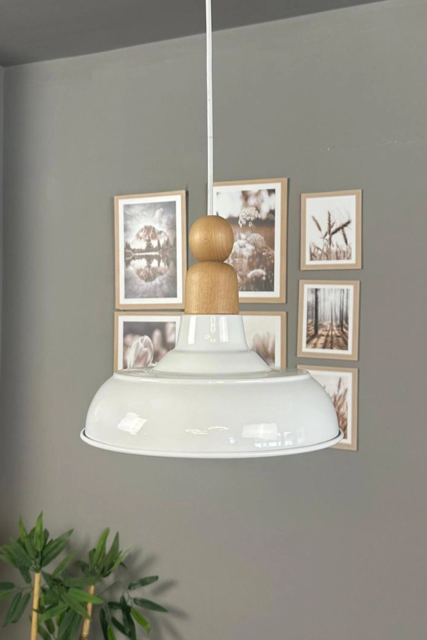 Veluna Beyaz Tekli Kalın Ahşap Boncuk Başlık Avize Retro Sarkıt Showroom Salon Mutfak Avizeleri Beyaz