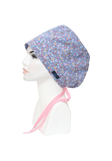 Tesettür Indigo Mavi Çıtır Çiçek Desenli Cerrahi Bone Doktor Hemşire Sağlıkçı Bonesi Geniş Kesim