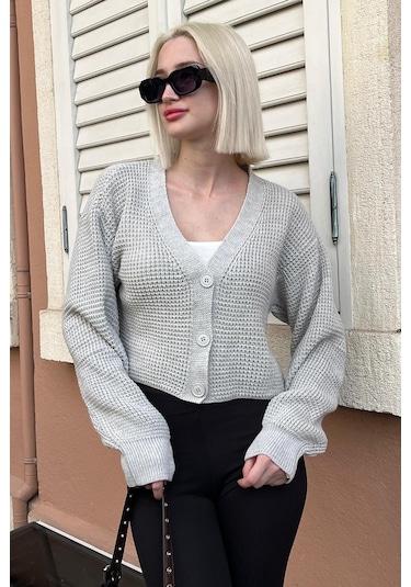 Madmext Gri Uzun Kollu Düğmeli Crop Hırka Mg2198 Gri
