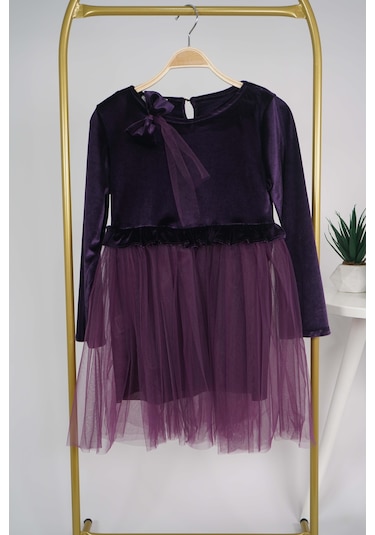 Kız Çocuk Yılbaşı Temalı Eteği Tül Astarlı Tokalı Kadife Uzun Kol Elbise Mor