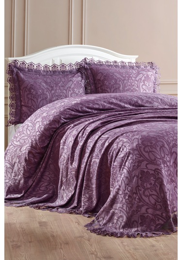 Birhome Violet Dantelli Çift Kişilik Yatak Örtüsü Takımı Mürdüm