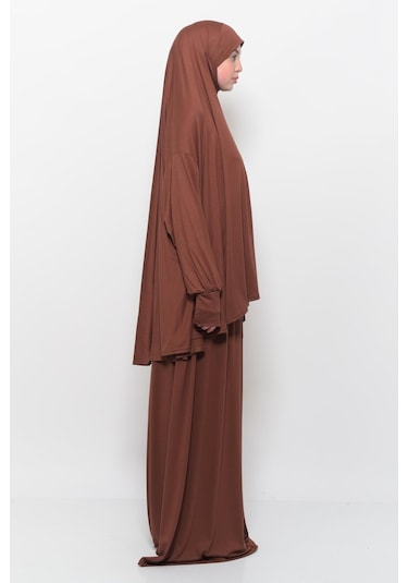 Pratik 2 Parça Pamuklu Yarasa Kollu Başörtülü Tesettür Namaz Elbisesi Çikolata Antrasit