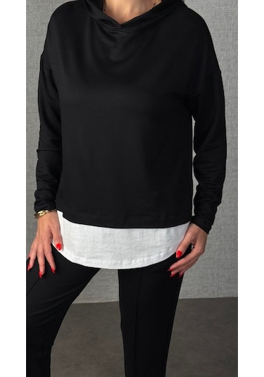 S-pazarım Kadın Uzun Kollu Kapşonlu Bağcıklı Viskon Iki Iplik Bluz Ve Pantolon Ikili Takım Siyah