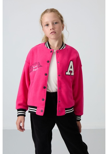 Tommy Life Fuşya Kalın Yumuşak Dokulu Standart Fit Nakışlı Polar Kız Çocuk Kolej Ceket - 75156 Fuşya