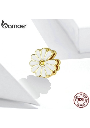 Bamoer Küçük Papatya Kare Delik Boncuk Takı Yapımı İçin Gerçek 925 Ayar Gümüş Göz Kamaştırıcı Kaplama Charm Orijinal Bilezik Bileklik Gümüş