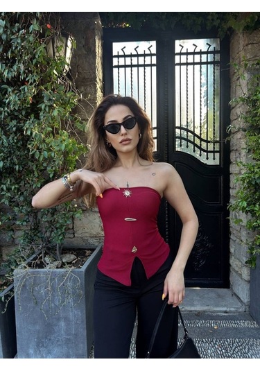Kadın Ottoman Kumaş Düğme Detaylı Büstiyer Crop Kırmızı