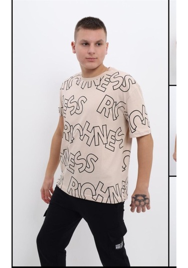 Erkek Çocuk Pamuklu Harfli Rahat Kalıp Tshirt-12817-vizon Vizon