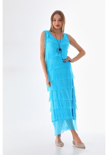 Italyan 2 Beden İnce Gösteren Kat Kat Kolsuz Ipek Elbise Turkuaz