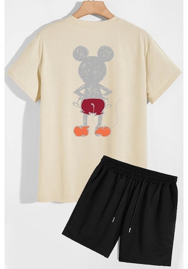 Sırt Baskılı Şort T-shirt Eşofman Takımı Bej
