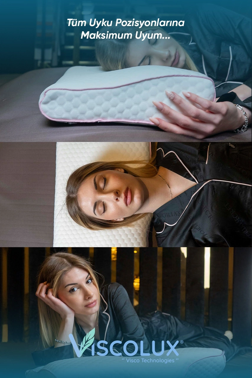 Servikal Boyun Destekli Ortopedik Yastık - Boyun Düzleşmesi Visco Yastık 56x34x10,5 Pembe