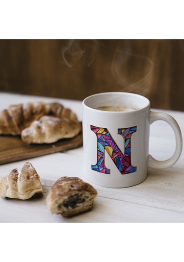 N Harfi Bardak 330 Ml İsme/harfe Özel Hediye, Renkli Harf Tasarım Beyaz