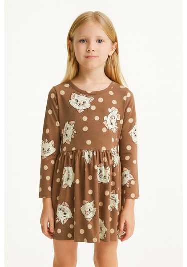 Kedili Kız Çocuk Elbise Kahverengi