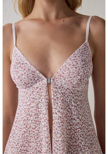 Penti Pembe Printed Lace Front Opening Üst