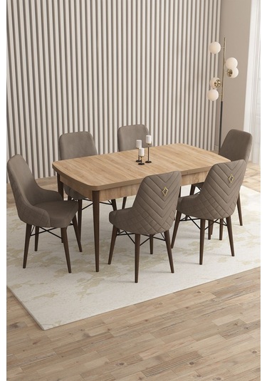 Mazaka Meşe Desen 80x132 Açılabilir Mdf Masa Yemek Odası Takımı, Mutfak Takımı 6 Adet Sandalye Cappucino