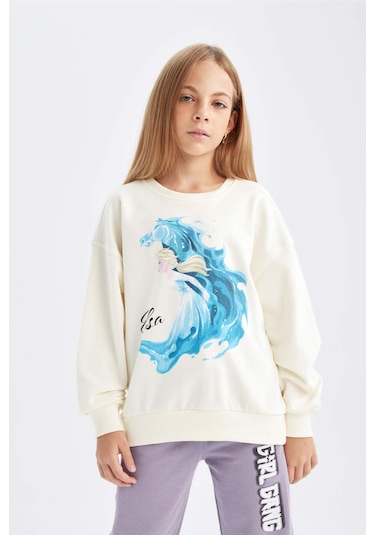 DeFacto Kız Çocuk Ekru Frozen Relax Fit Bisiklet Yaka Sweatshirt D1119A824AUER99 Ekru
