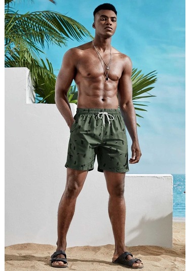 Angelsin Erkek Basic Standart Boy Ananas Ve Palmiye Baskılı Mayo Cepli Deniz Şortu 001