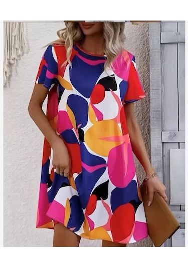 Kadın Yaz Baskılı Yuvarlak Yaka Kısa Kollu Günlük Elbiseler Koyu Yeşil