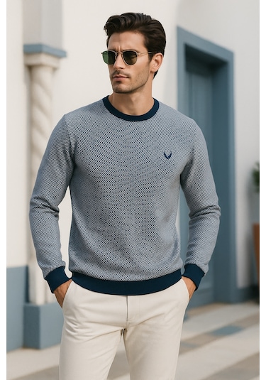 Rich Erkek Lacivert Kare Desenli Bisiklet Yaka Sweatshirt Lacivert