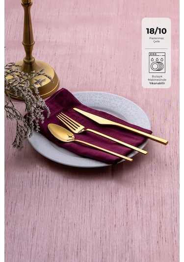 Emsan Alba 18 Parça 6 Kişilik Parlak Gold Tatlı Kutulu Çatal Kaşık Bıçak Takımı Gold