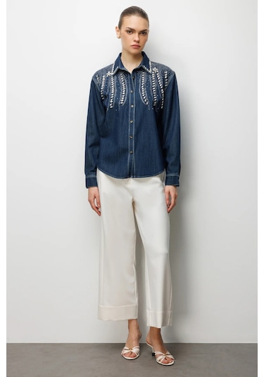 Ekol Kadın Taş İşlemeli Denim Görünümlü Gömlek 2910 Indigo Indigo