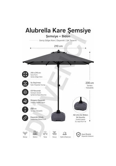 Alubrella Antrasit Kare Güneş Şemsiyesi, 210x210 / 8 Telli, Bidonlu