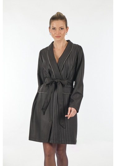 Unique Mode V Yaka Çizgili Uzun Kollu Siyah Kadın Elbise Uw233503 001