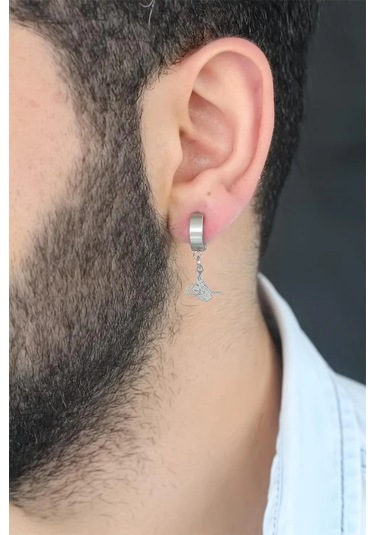 Silver Renk Kaplama Osmanlı Tuğra Figürlü Kıstırmalı Çelik Erkek Küpe Çok Renkli