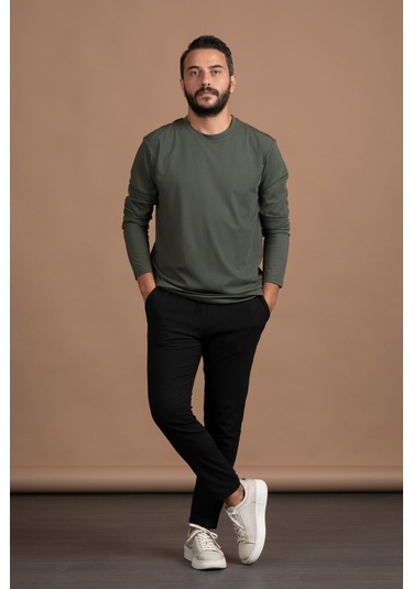 Regular Fit Bisiklet Yaka Rayon Kumaş Full Likralı Uzun Kol Sweatshirt Yeşil