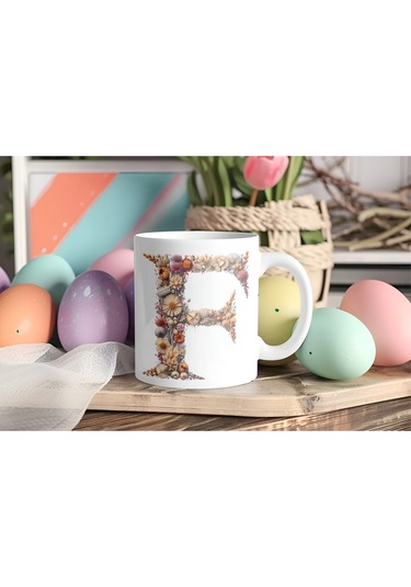 F Harfi Çiçek Desenli Kupa Bardak - Alfabe Harfleri İle Doğal Çiçekli Kupa - Hediye Fikir Beyaz