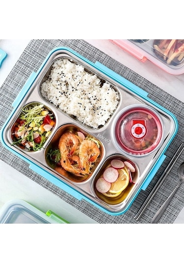 Ulzyvf Yemek Termos Seti Mavi, Çelik Bölmeli, Paslanmaz, 5 Cm, Pratik Kutuda Mavi