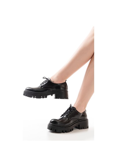 868-754 Siyah Rugan Bağcıklı Günlük Yüksek Tabanlı Loafer Aya... Siyah