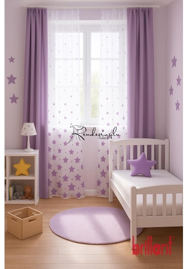 Brillant Marka Yıldız Desenli Tül Perde Örme Kumaş, Çocuk Odası İçin Özel Tasarım Mor Mor