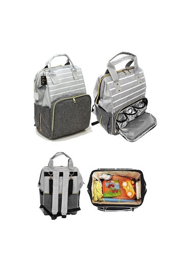 Bebek Bakım Çantası Gold Fermuarlı Sırt Çantası Açık Gri