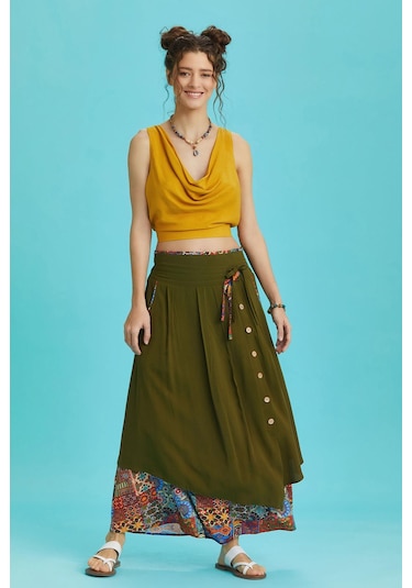 Düğme Detaylı Beli Bağcıklı Cepli Desenli Etek Turuncu