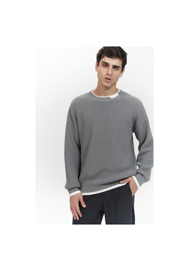 Carter Çift Yaka Detaylı Gri Erkek Triko Kazak Gri