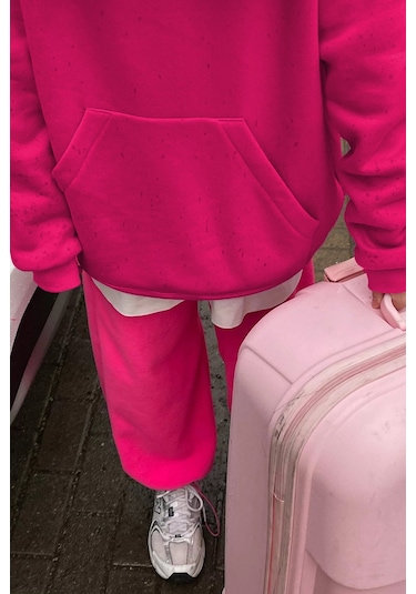Madmext Fuşya Kapüşonlu Şardonlu Oversize Sweatshirt Mg1566 Fuşya
